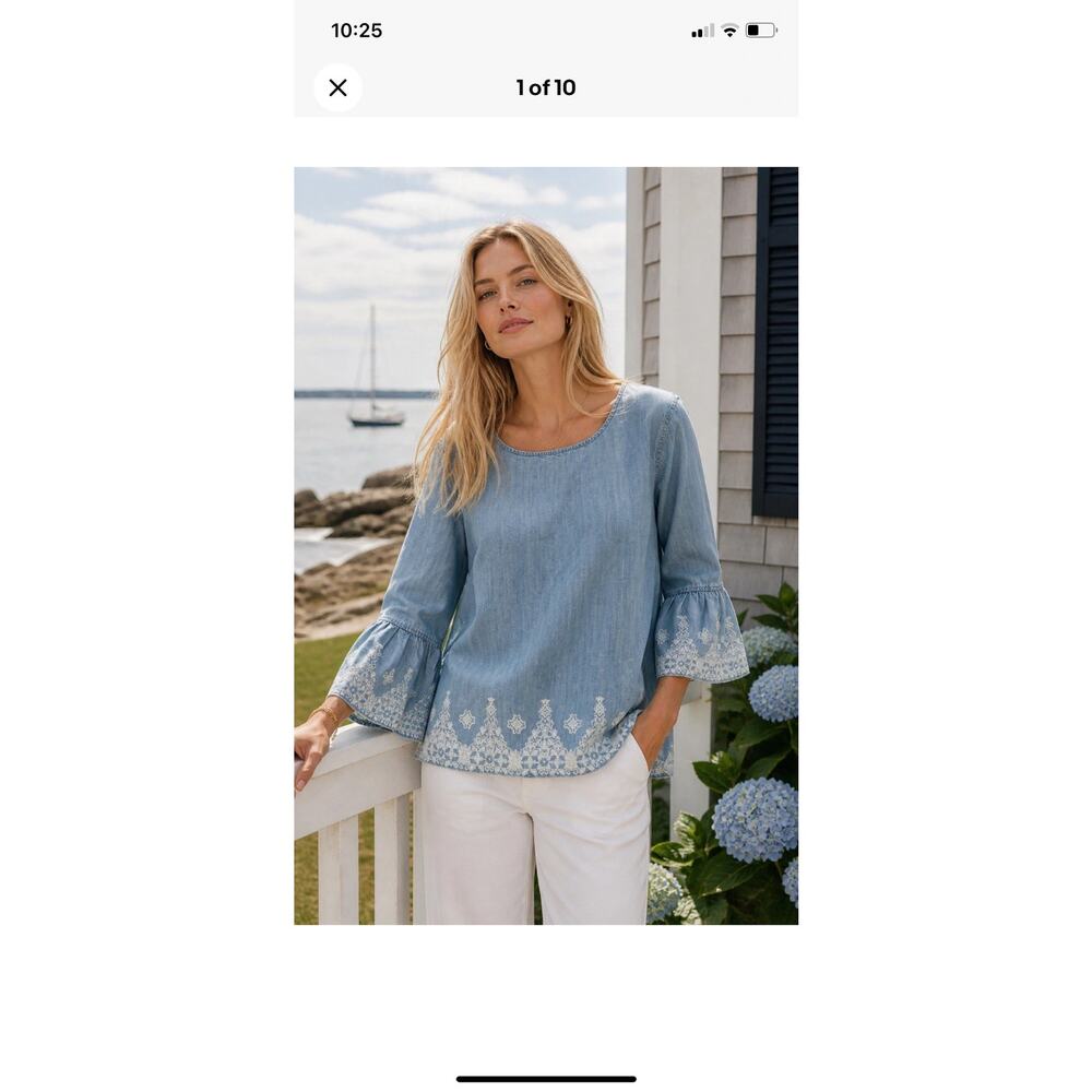 JOHN MARK BLUE CHAMBRAY BLUE WHITE PRINTED TRIM BELL SLEEVES HI/LO HEM SMALL
